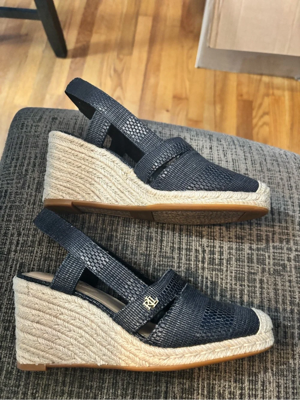 Ralph Lauren Navy Textured Wedge Espadrille Slingbacks